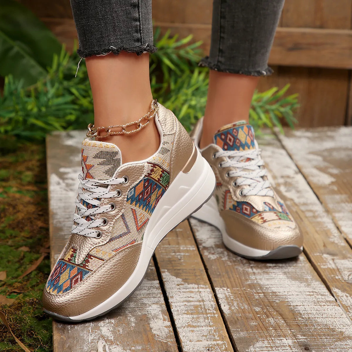 women's geometric lace up wedge sneakers - styling option