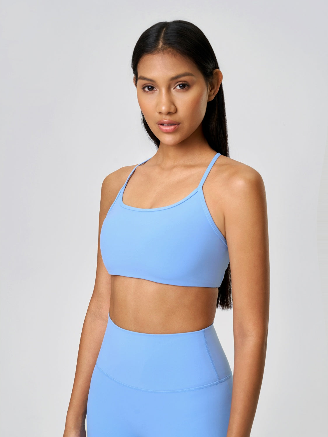 Millennia Crisscross Back Scoop Neck Active Cami with Detachable Chest Pads Light Blue