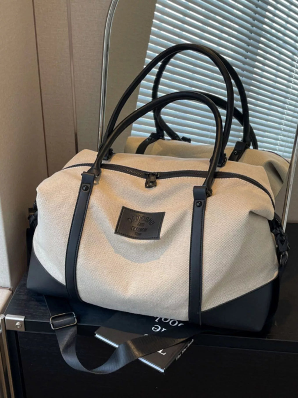 women's canvas leather trim travel  bag - detail shot