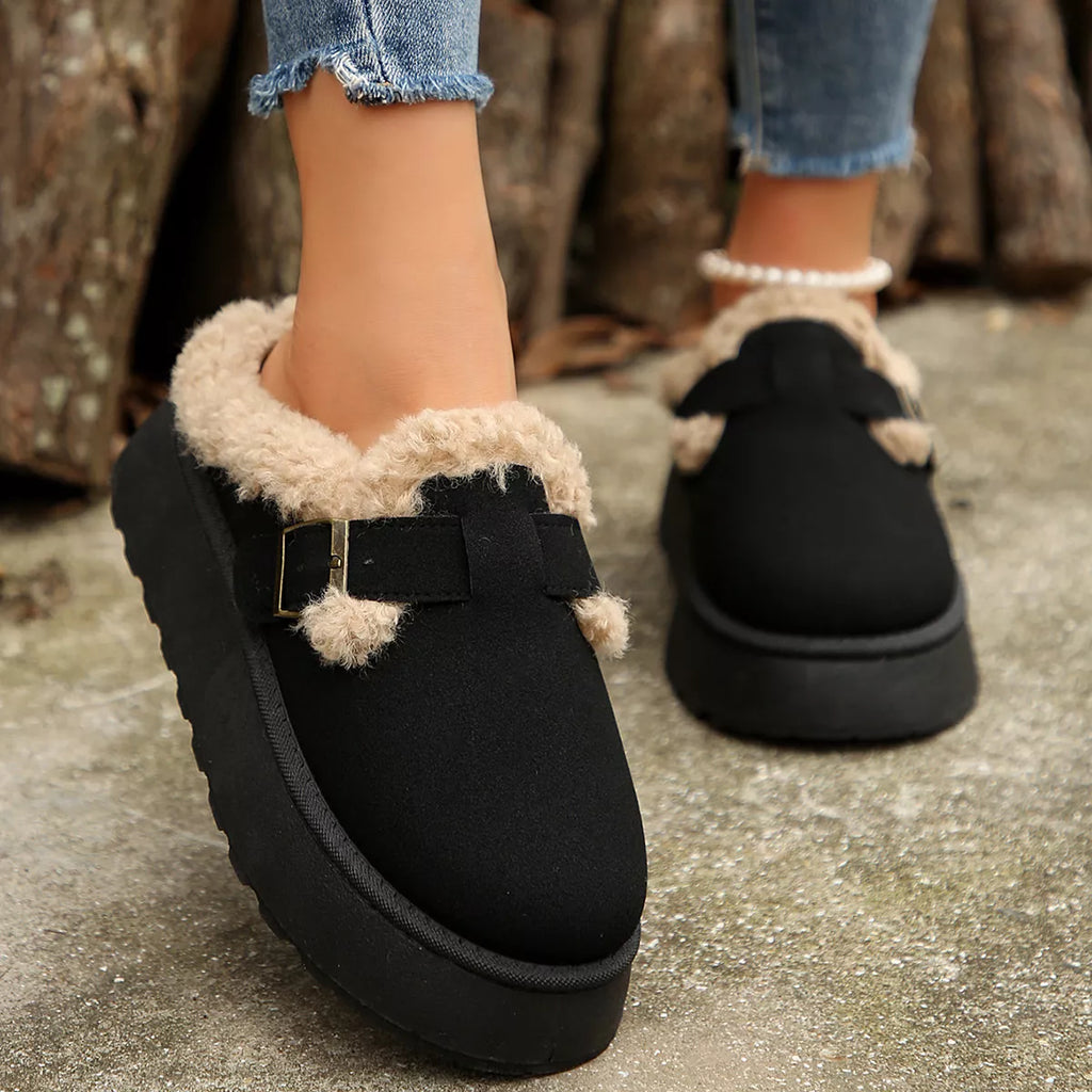 women's fuzzy trim buckle platform slippers - close-up detail