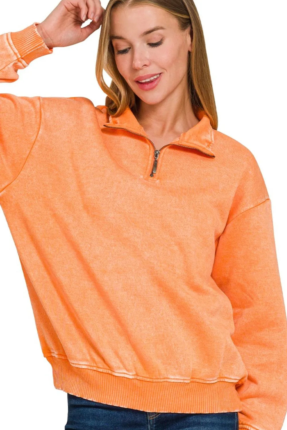 women's sweatshirt: zenana acid wash fleece half zip pullover sweats shown as women’s outerwear