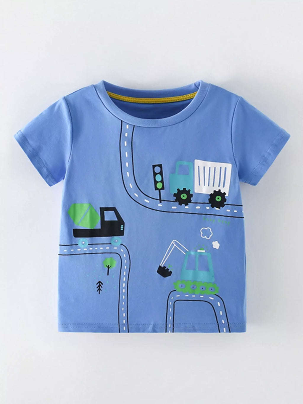 women's children's cartoon construction vehicle print short sleeve t-shirt - front view