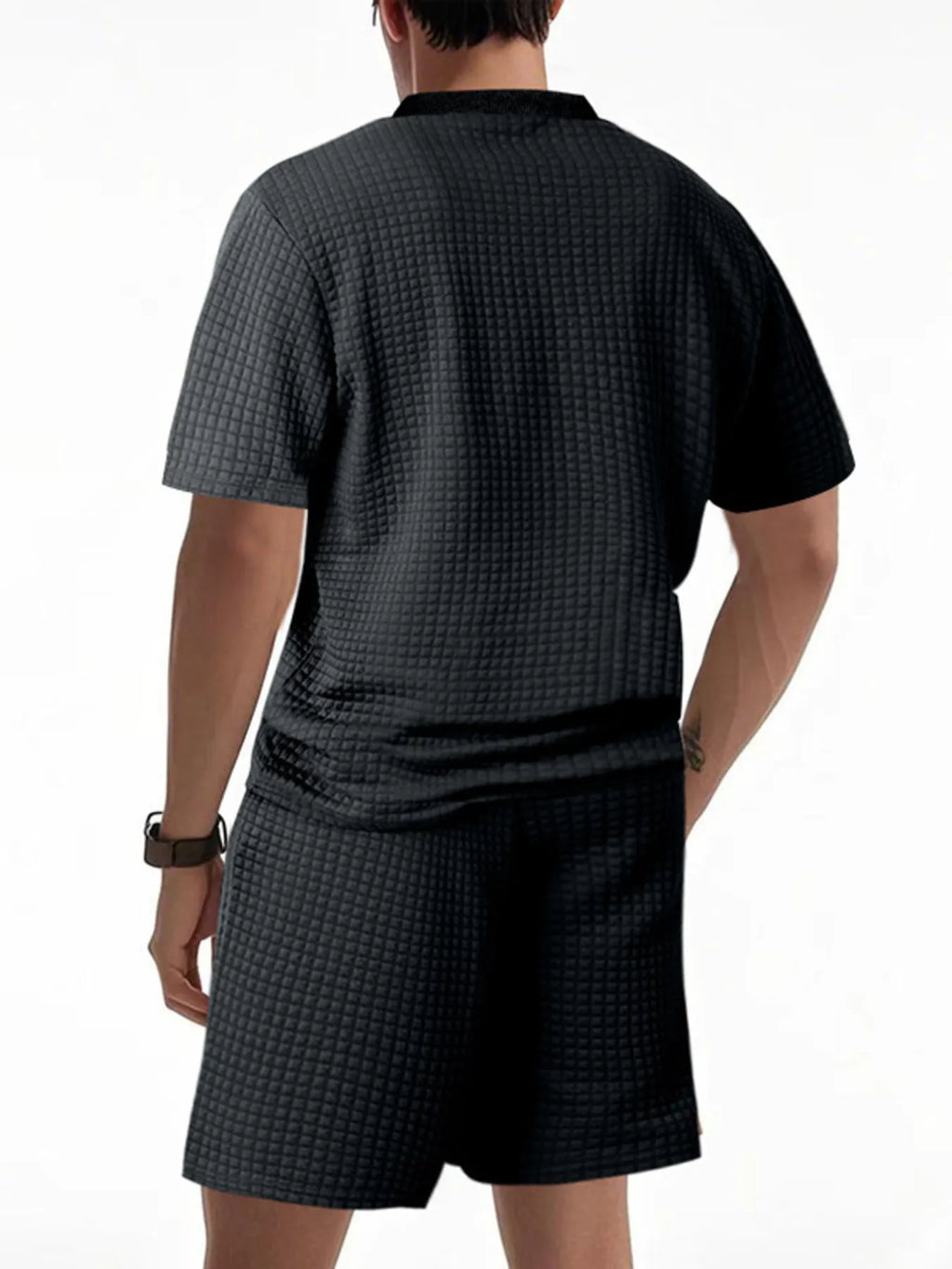 men's men's full size textured round neck top and shorts set plus size - product detail