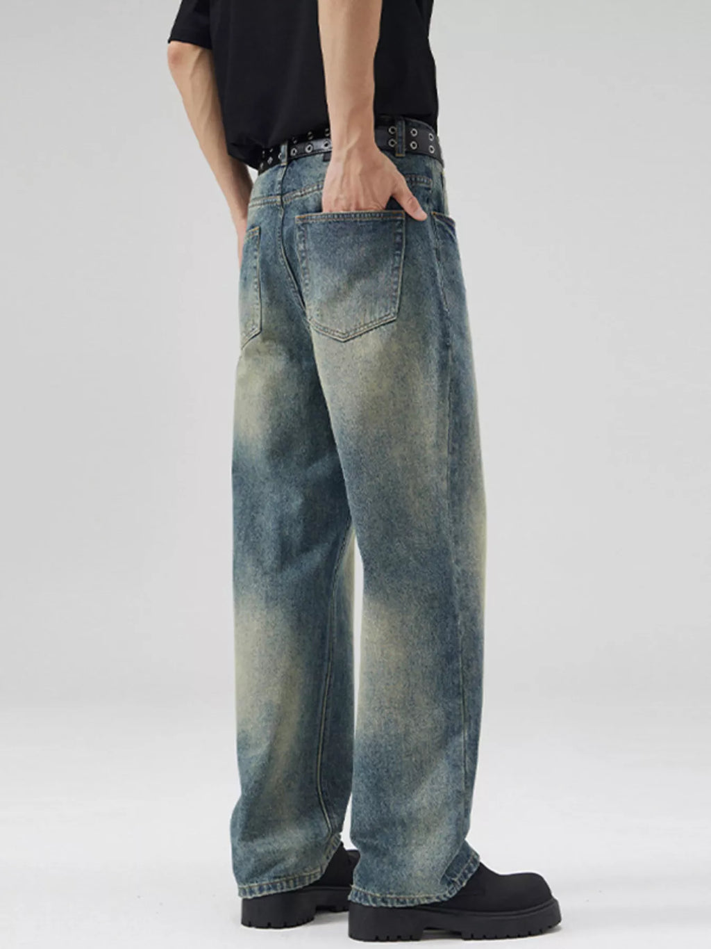 men's men's full size vintage wash wide leg jeans plus size - additional angle