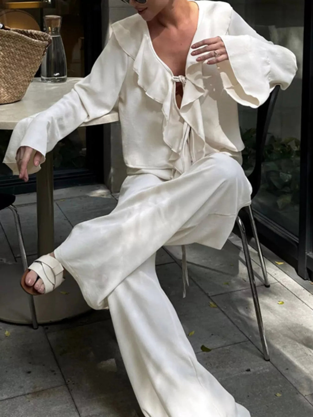 women's ruffle trim tie front top and pants set - extra view