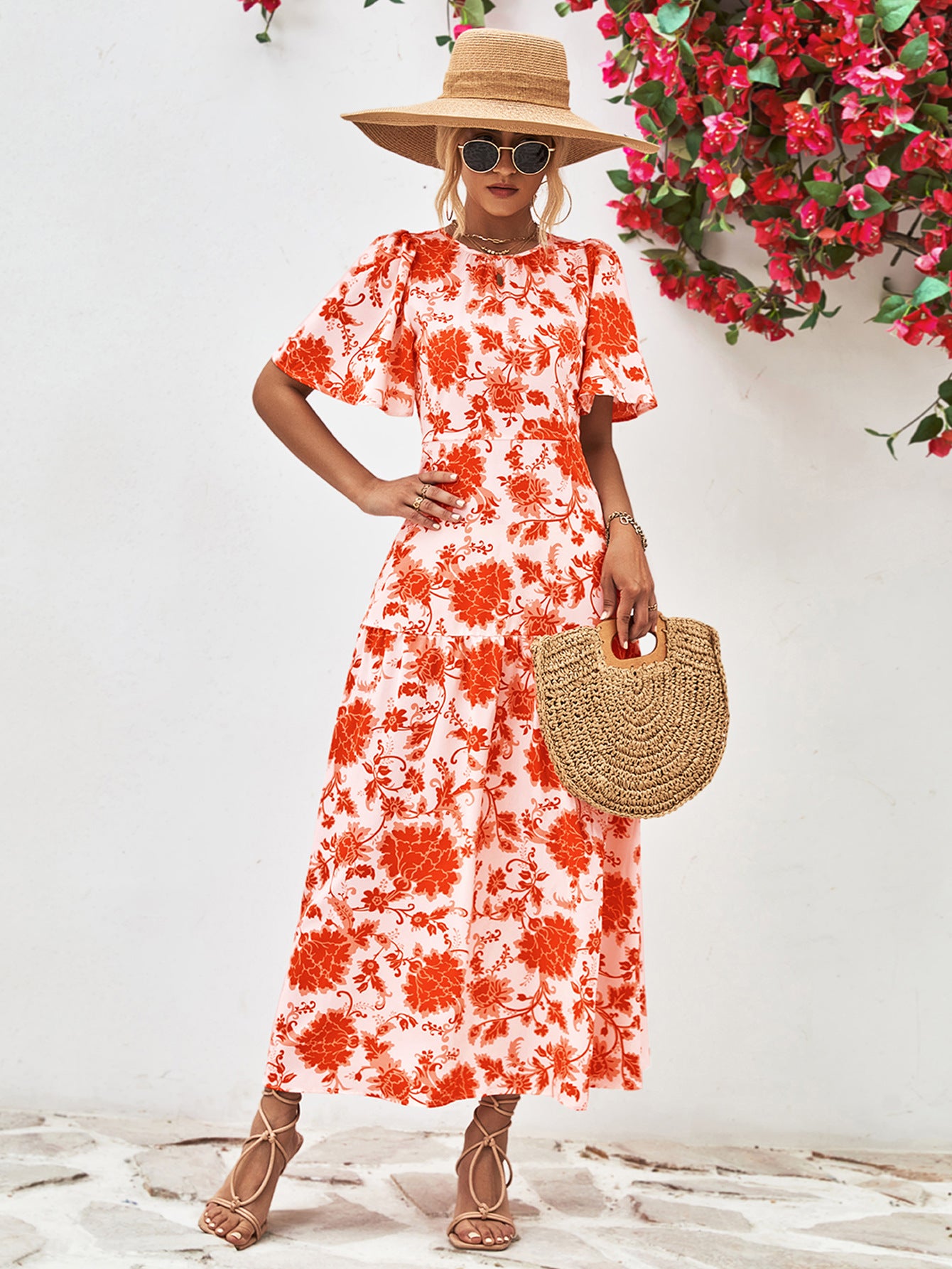 Floral Round Neck Tied Open Back Dress Orange