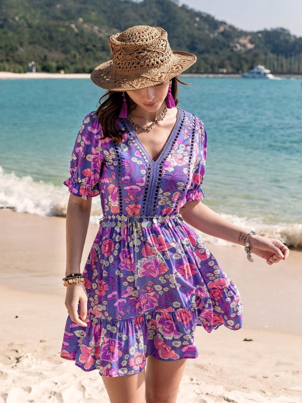 women's floral print v-neck mini dress - second view