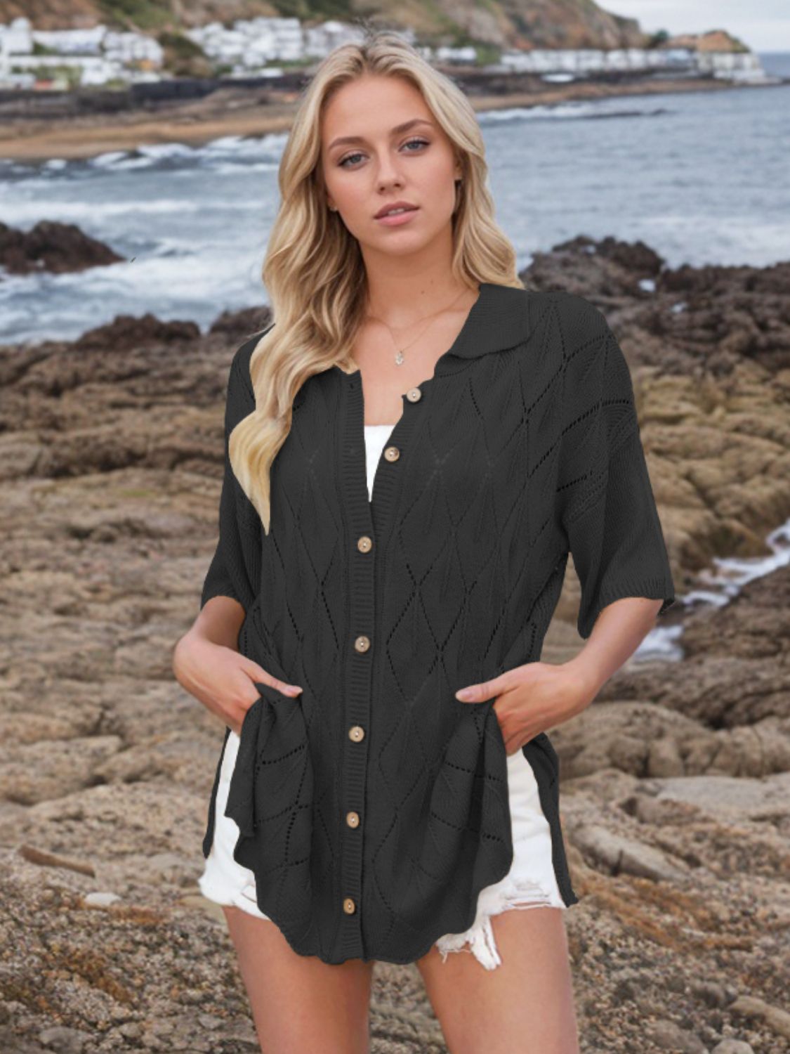 Button Down Eyelet Collared Neck Knit Shirt – Donjane