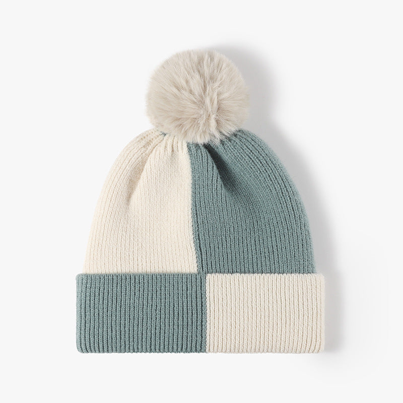 Color Block Knit Hat with Pom-pom Teal One Size