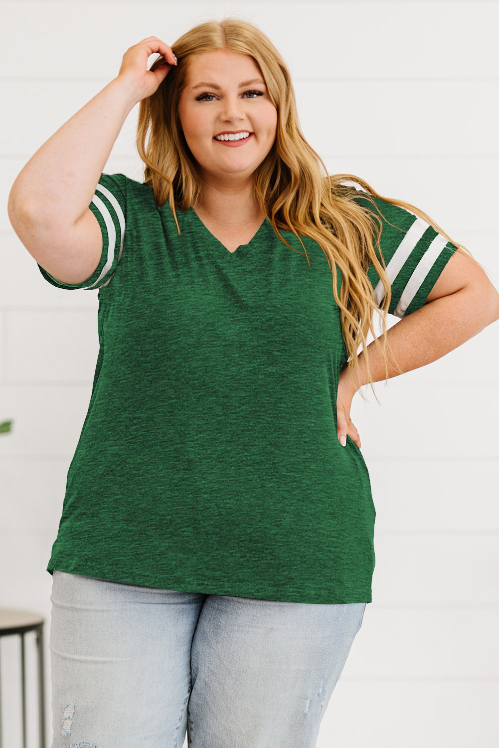 Plus Size Striped V-Neck Tee Shirt Forest