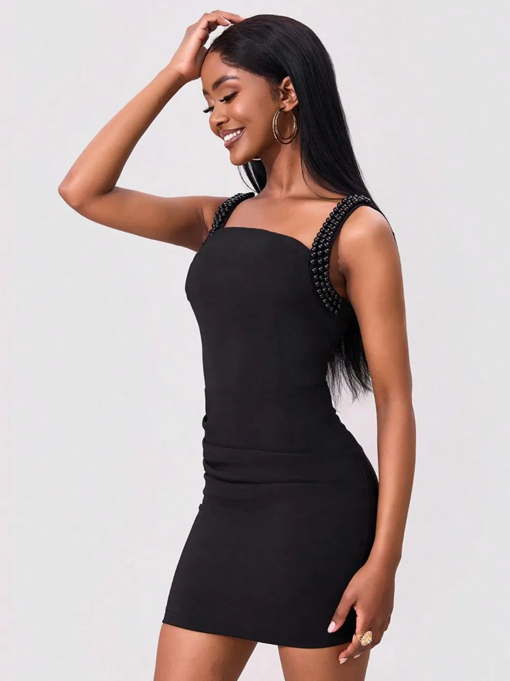 bead trim wide strap wrap dress shown as women’s dress