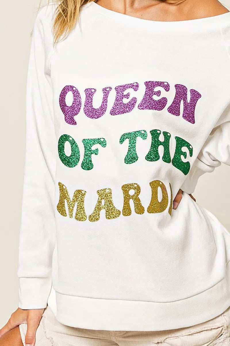 women's bibi queen of mardi glitter print mardi gras sweatshirt - additional image