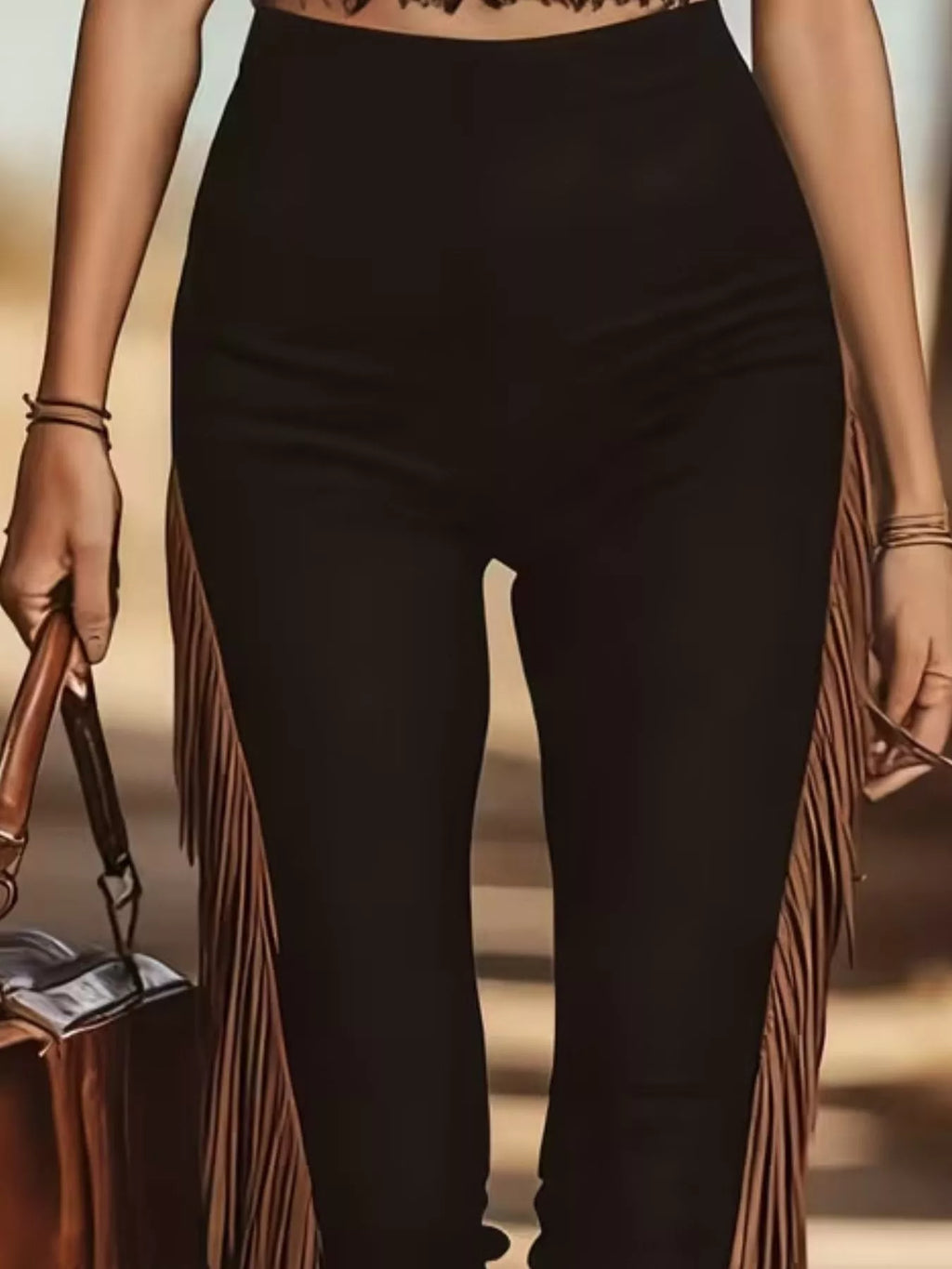 women's fringe trim high waist pants - side view