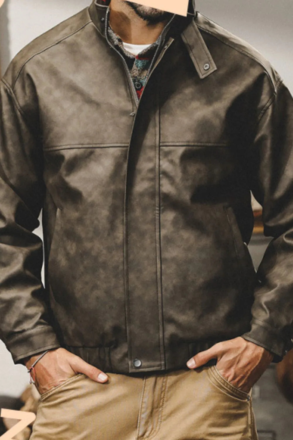 Men's Plus Size Zip Up Stand Collar Biker Jacket Dark Gray