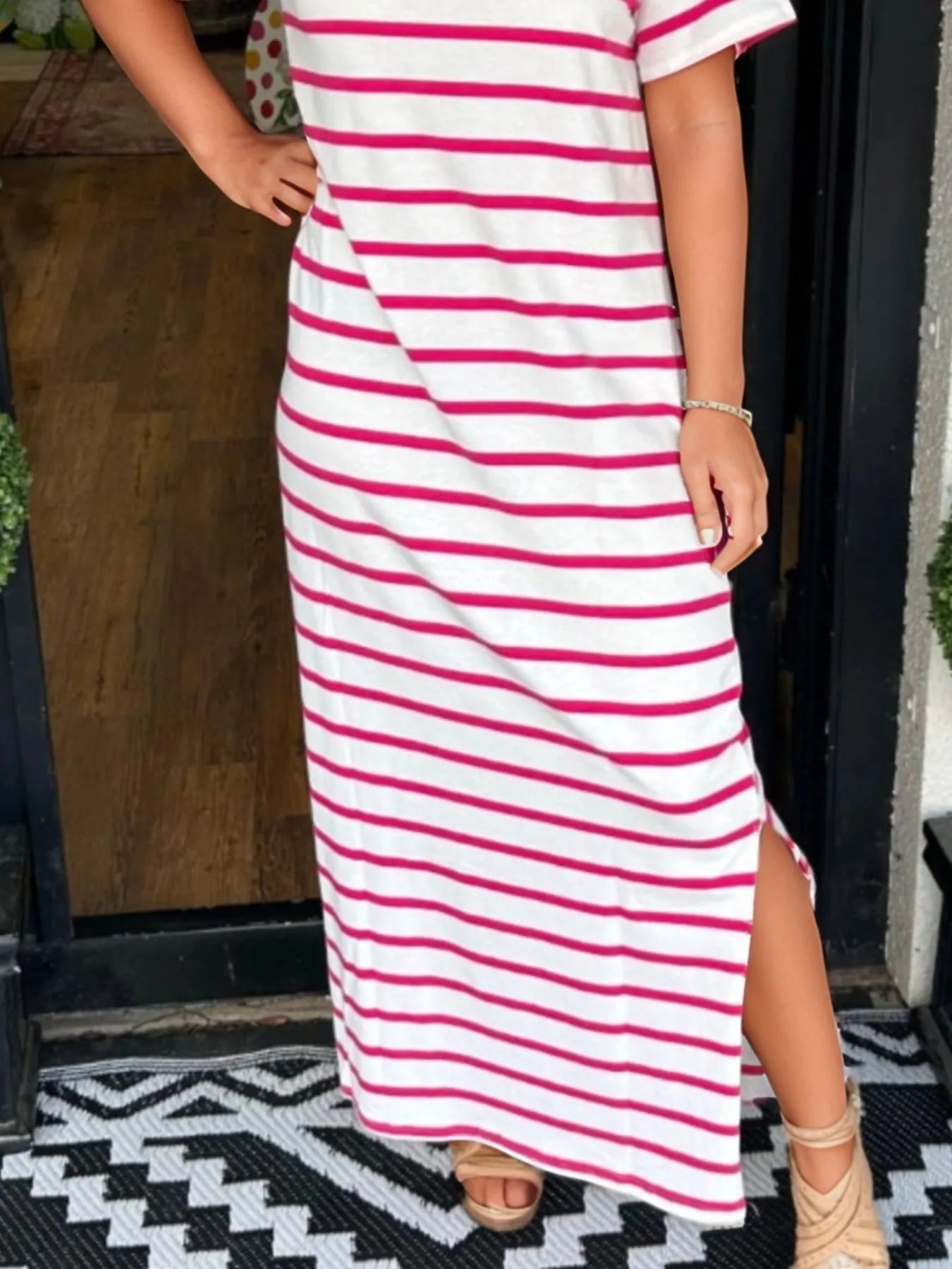 Full Size Striped T-Shirt Maxi Dress with Side Slit Plus Size