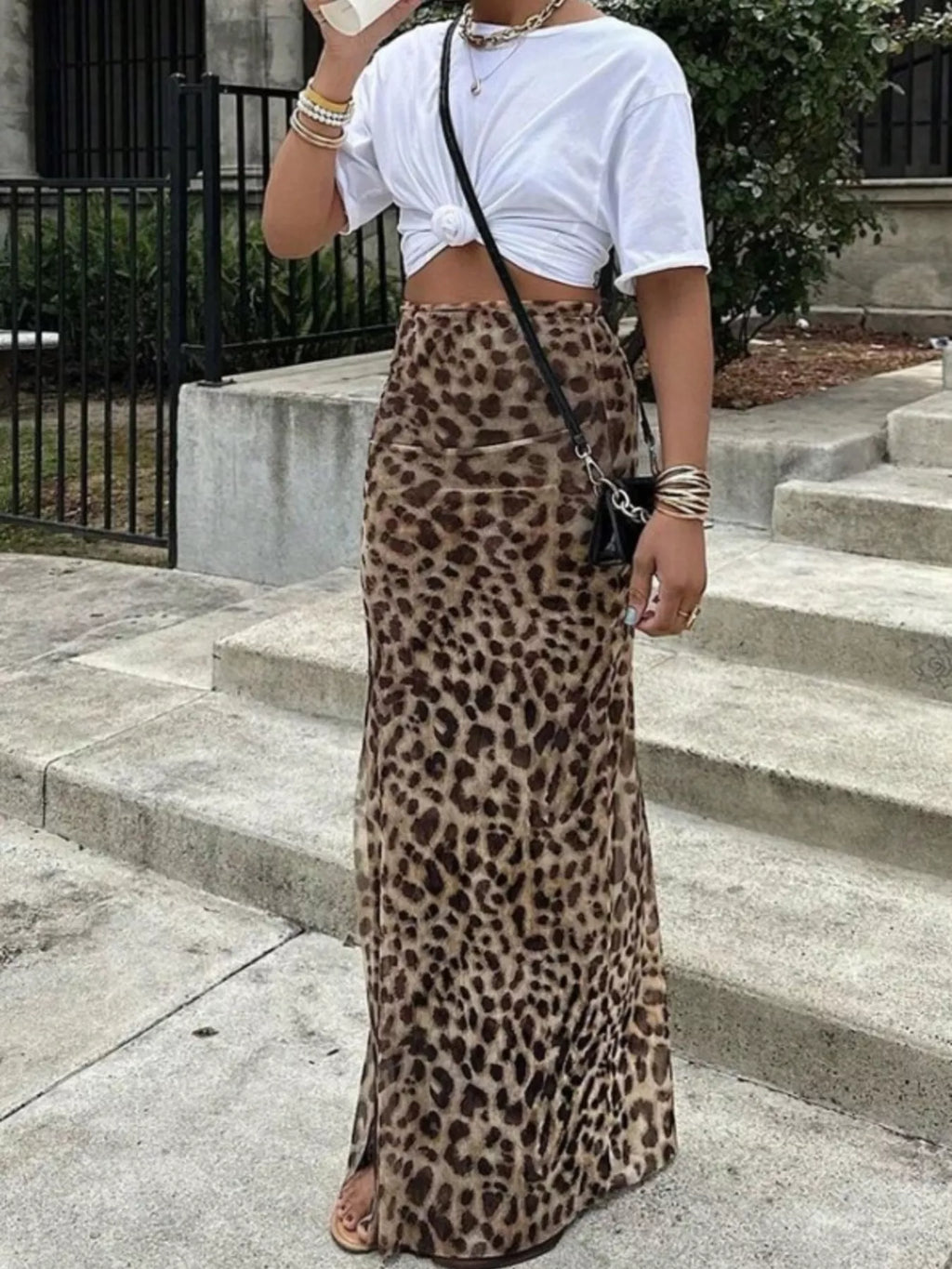 women's leopard print high-waisted maxi skirt - lifestyle shot