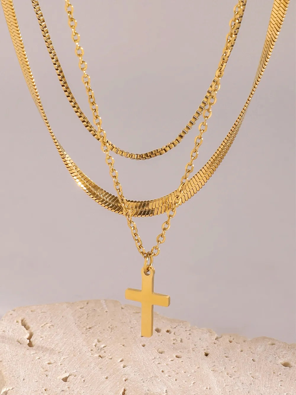 18K Gold-Plated Three-Layered Cross Necklace Gold One Size