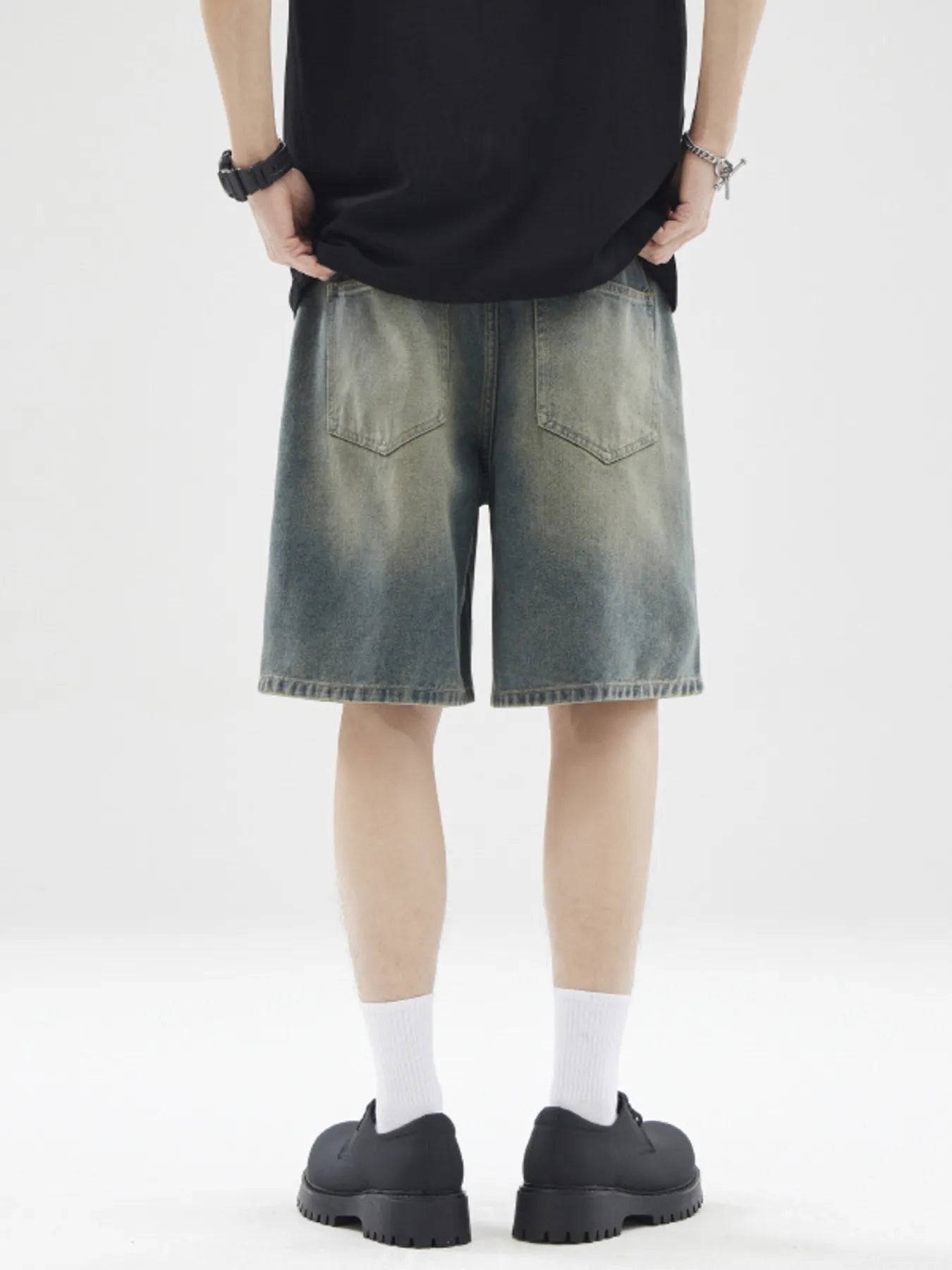 men's men's full size vintage wash wide leg denim shorts plus size - lifestyle shot