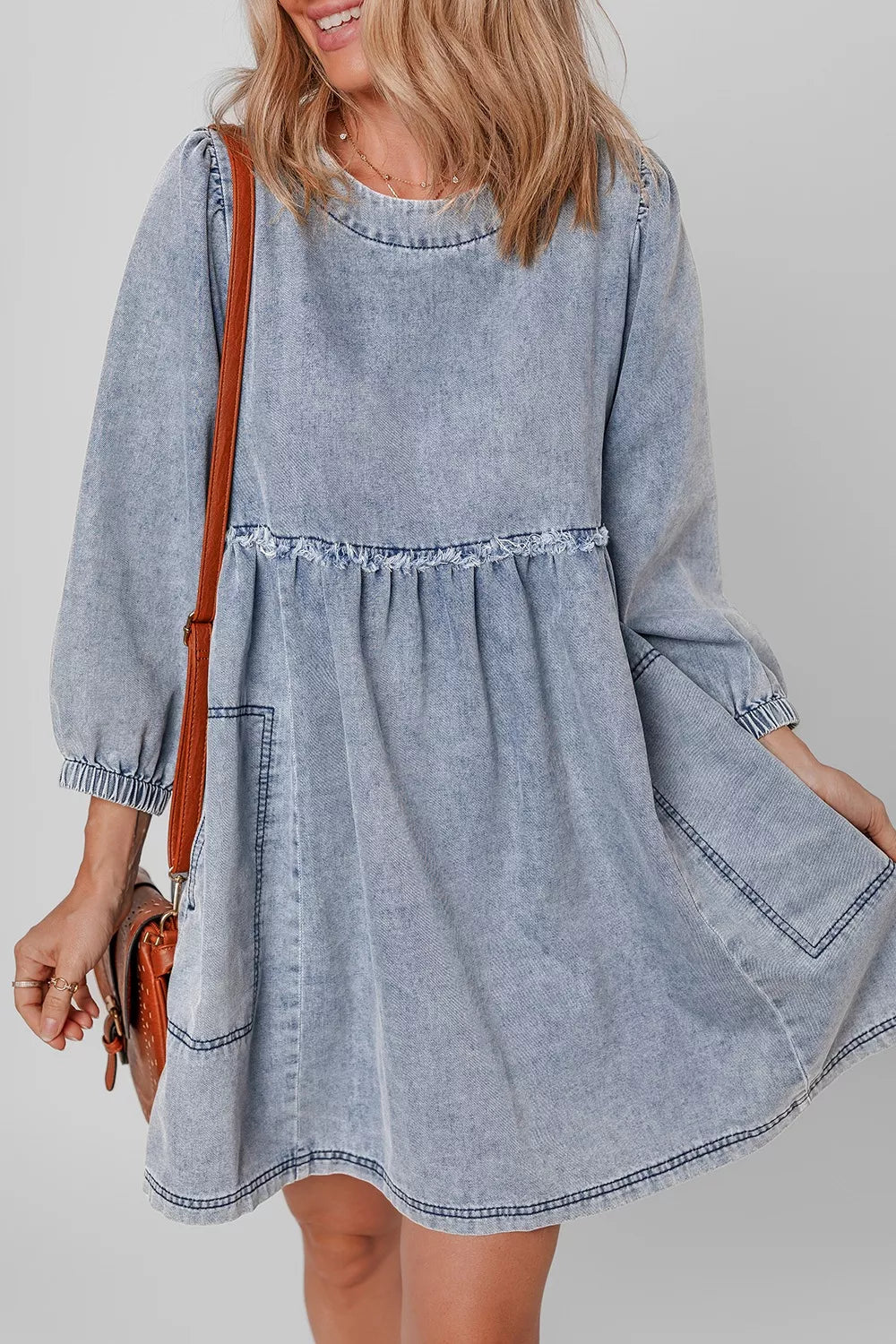 women's vintage wash denim dress with pockets - additional image