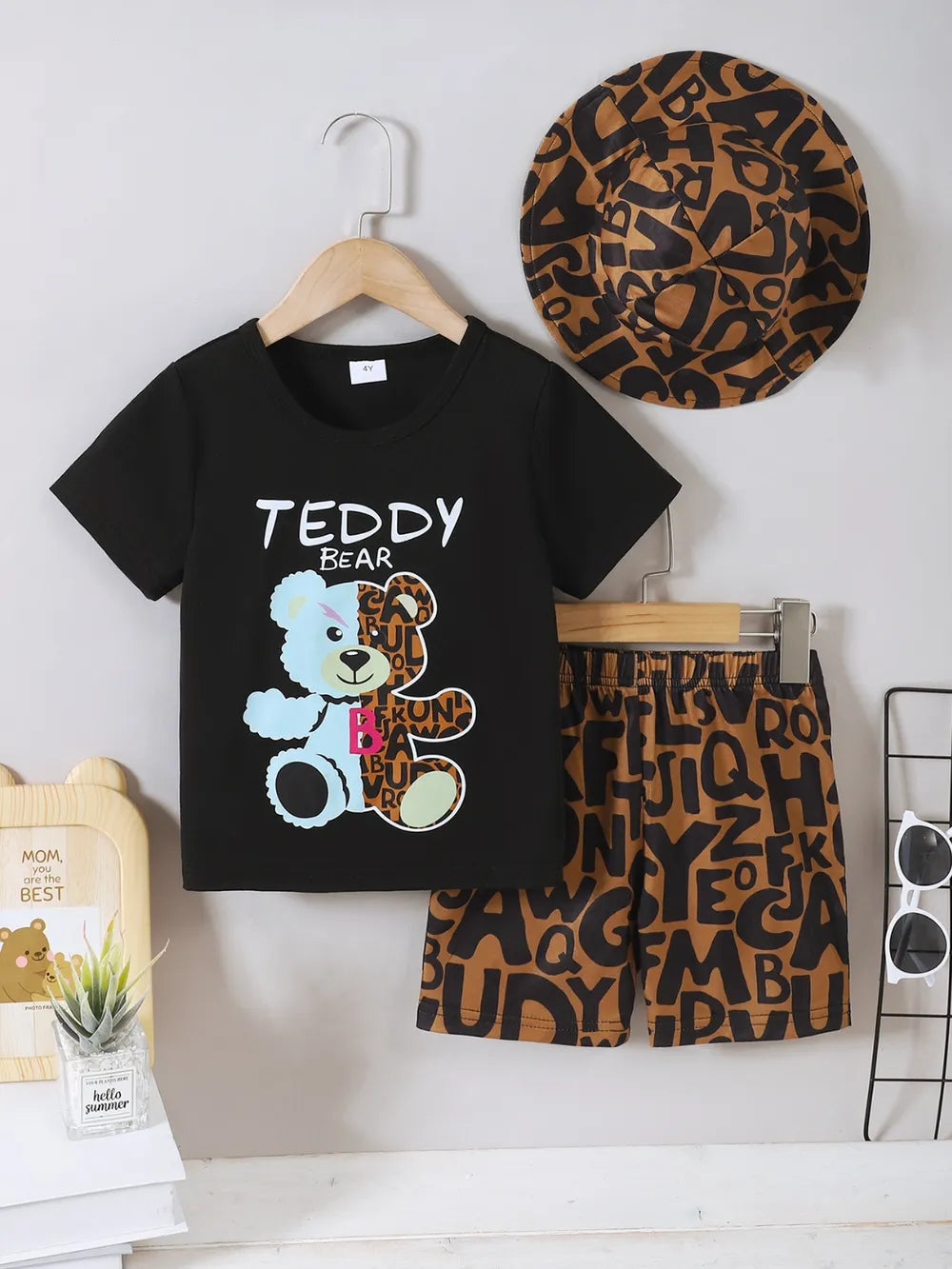 children's teddy bear round neck top and pants set — stylish clothing for kids