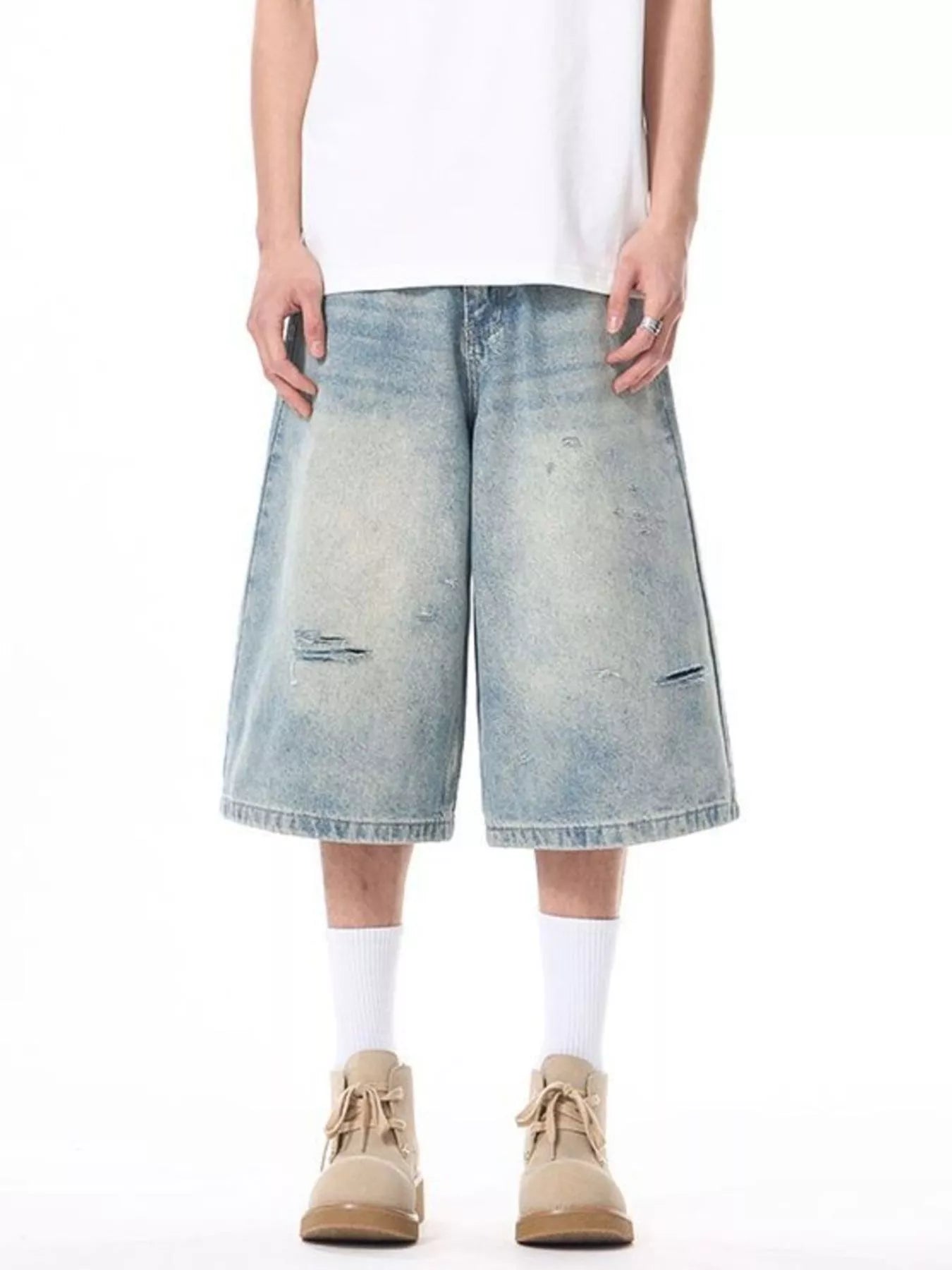 men's men's plus size distressed washed demin shorts - front view