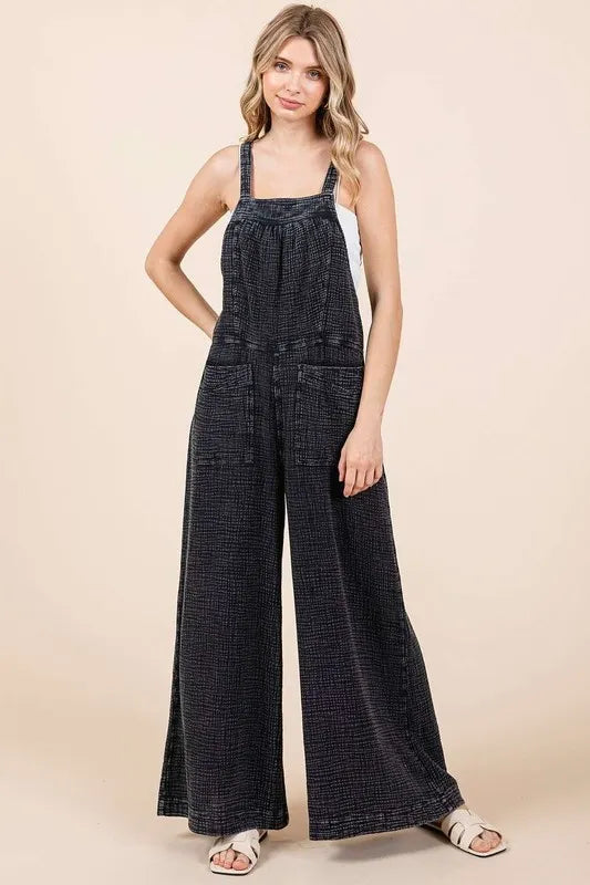Mittoshop Textured Wide Leg Overalls Washed Black