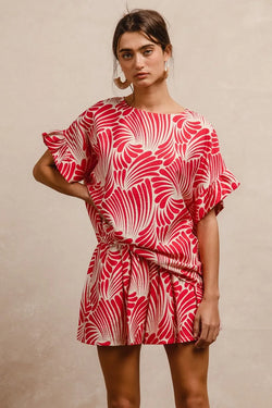 bibi print woven ruffled sleeves top shown as women’s outerwear