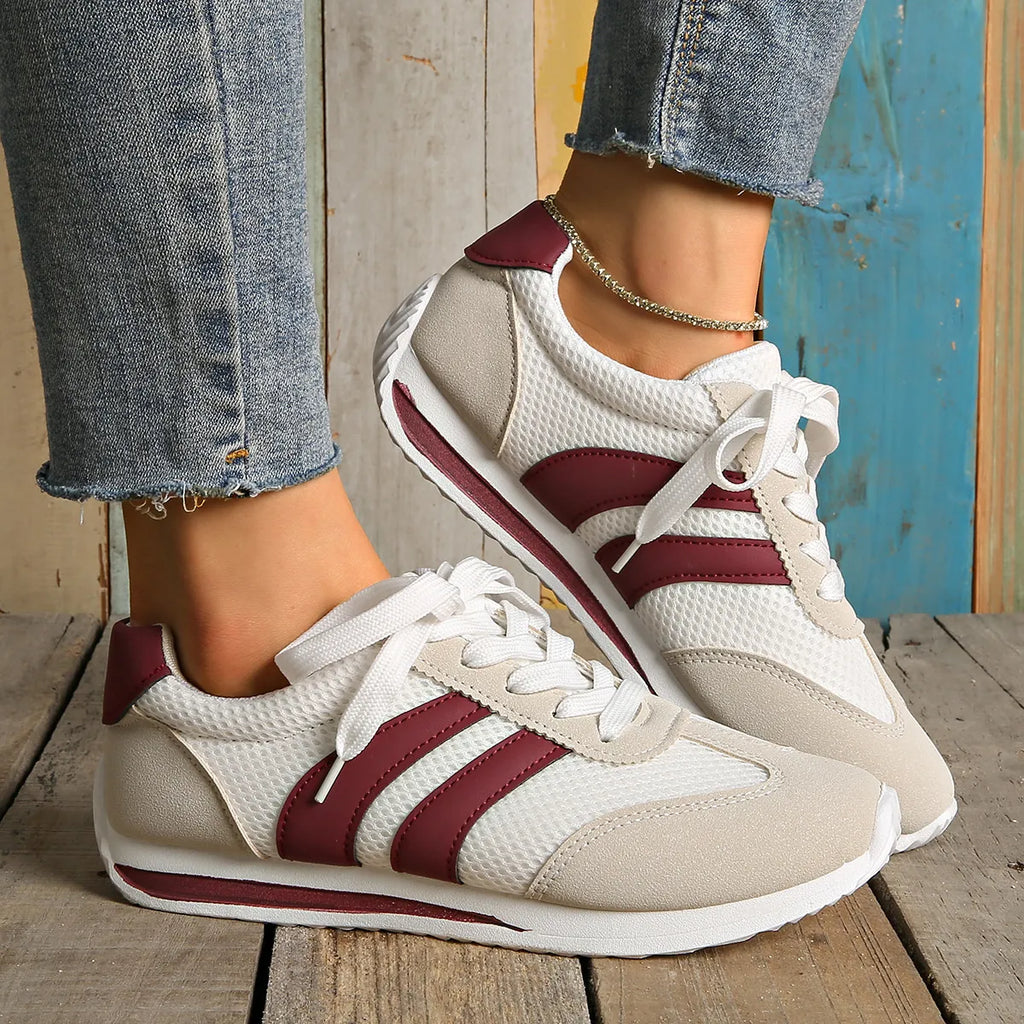 women's striped contrast mesh lace up sneakers - close-up detail
