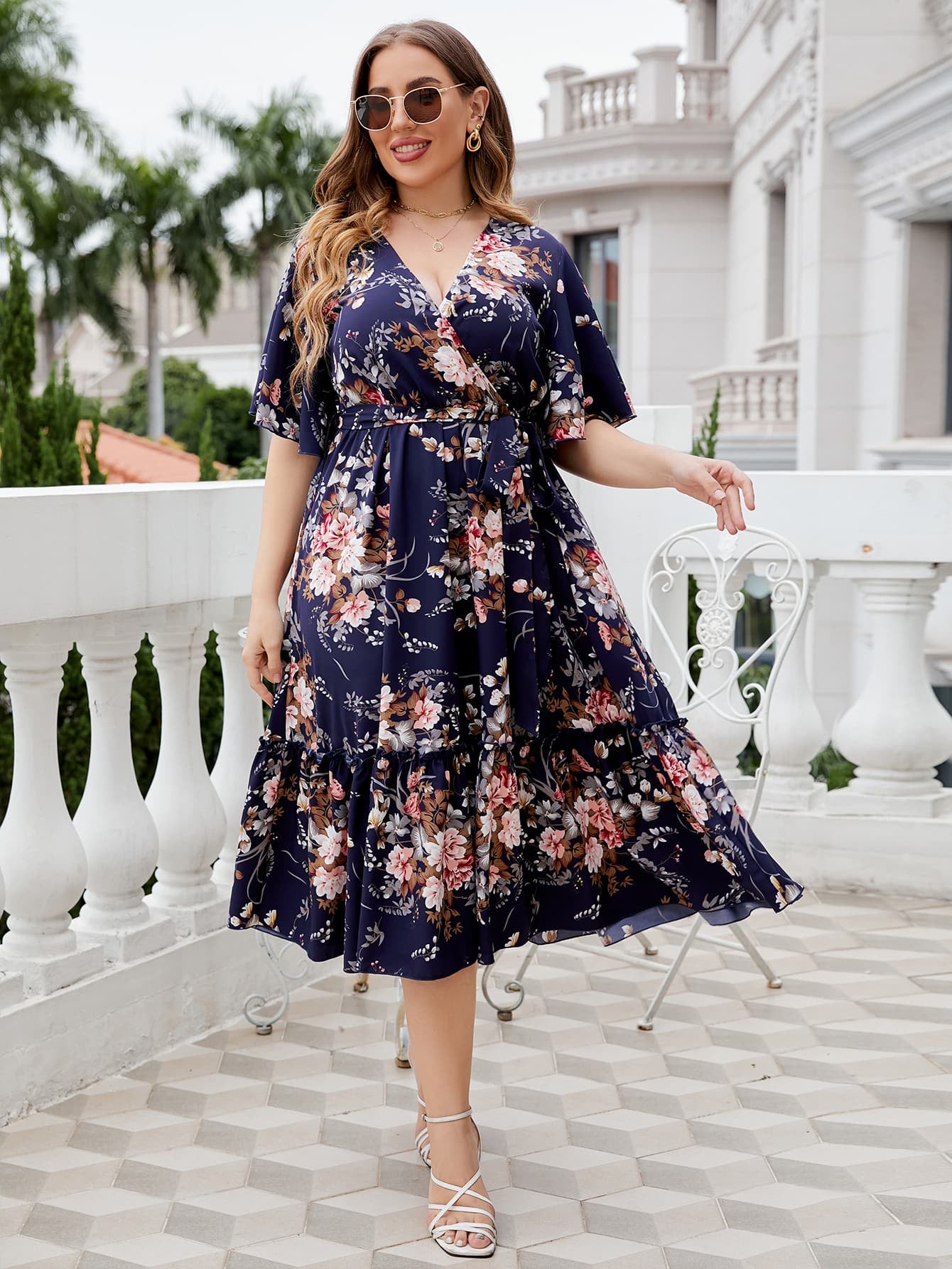 Honey Plus Size Floral Surplice Neck Midi Dress Floral