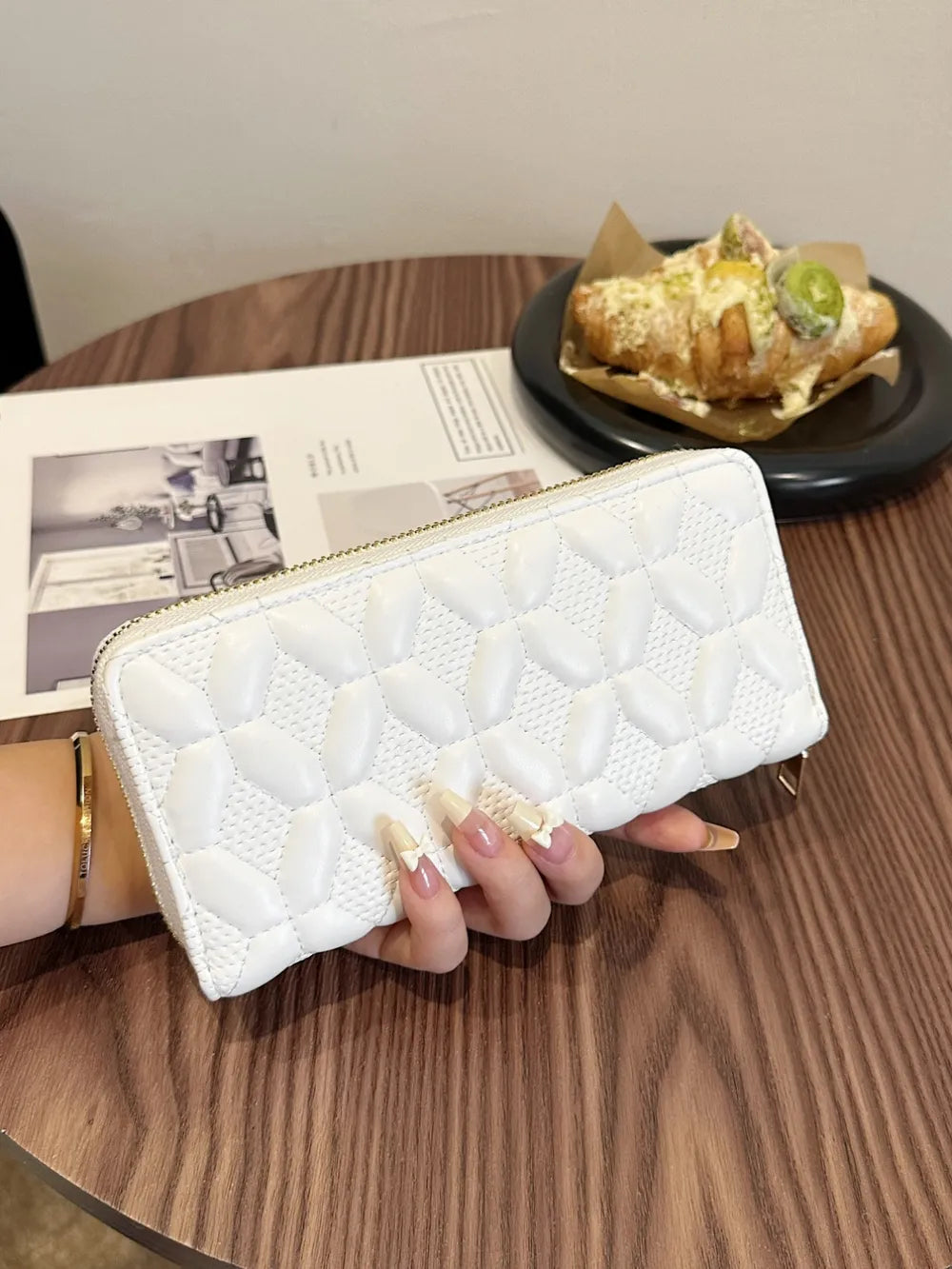 PU Leather Solid Color Wallet White Grid One Size
