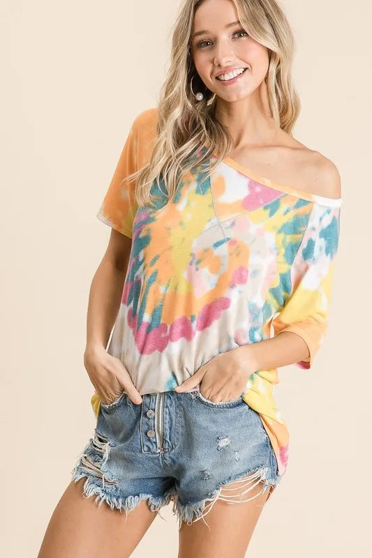 women's bibi tie dye print short sleeve t-shirt with raglan sleeves - product detail