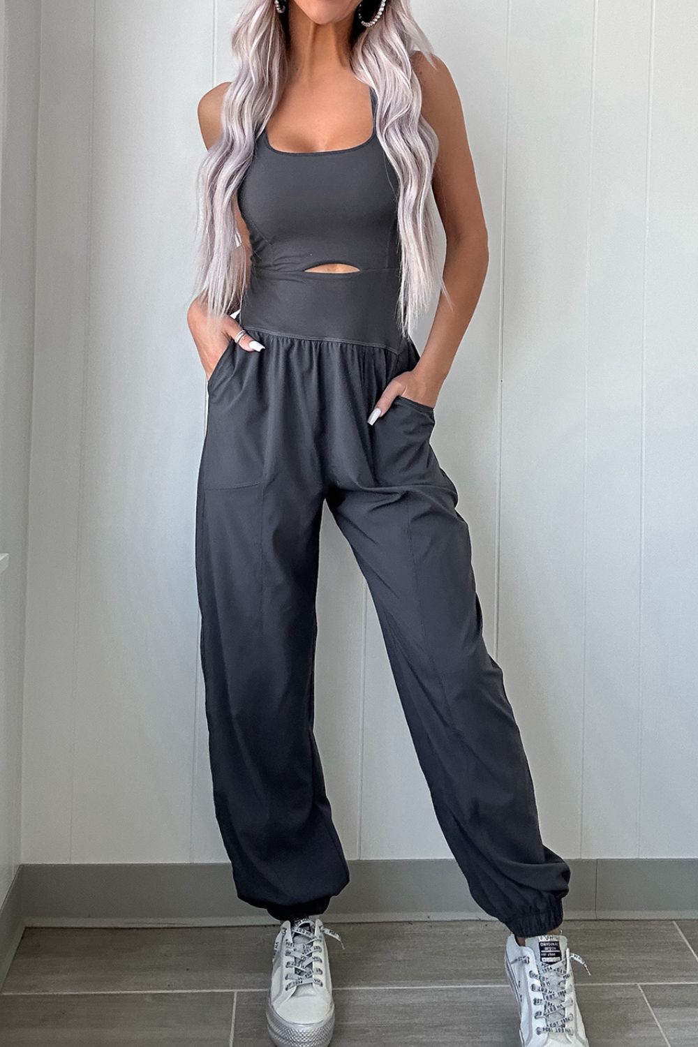 Cutout Square Neck Wide Strap Active Jumpsuit Dark Gray