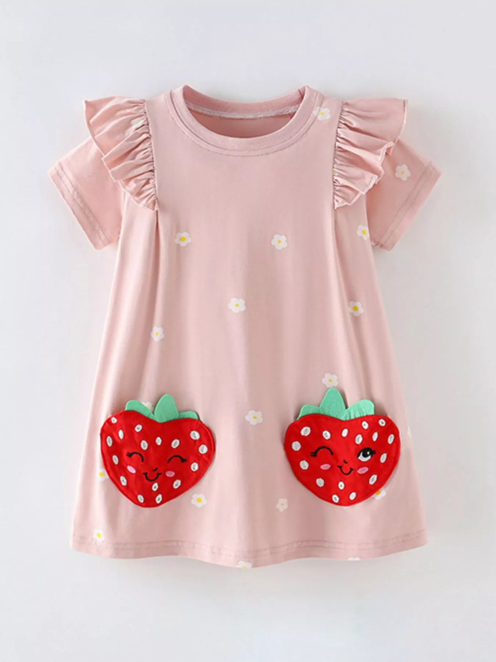 women's children's strawberry applique ruffle sleeve dress - detail shot