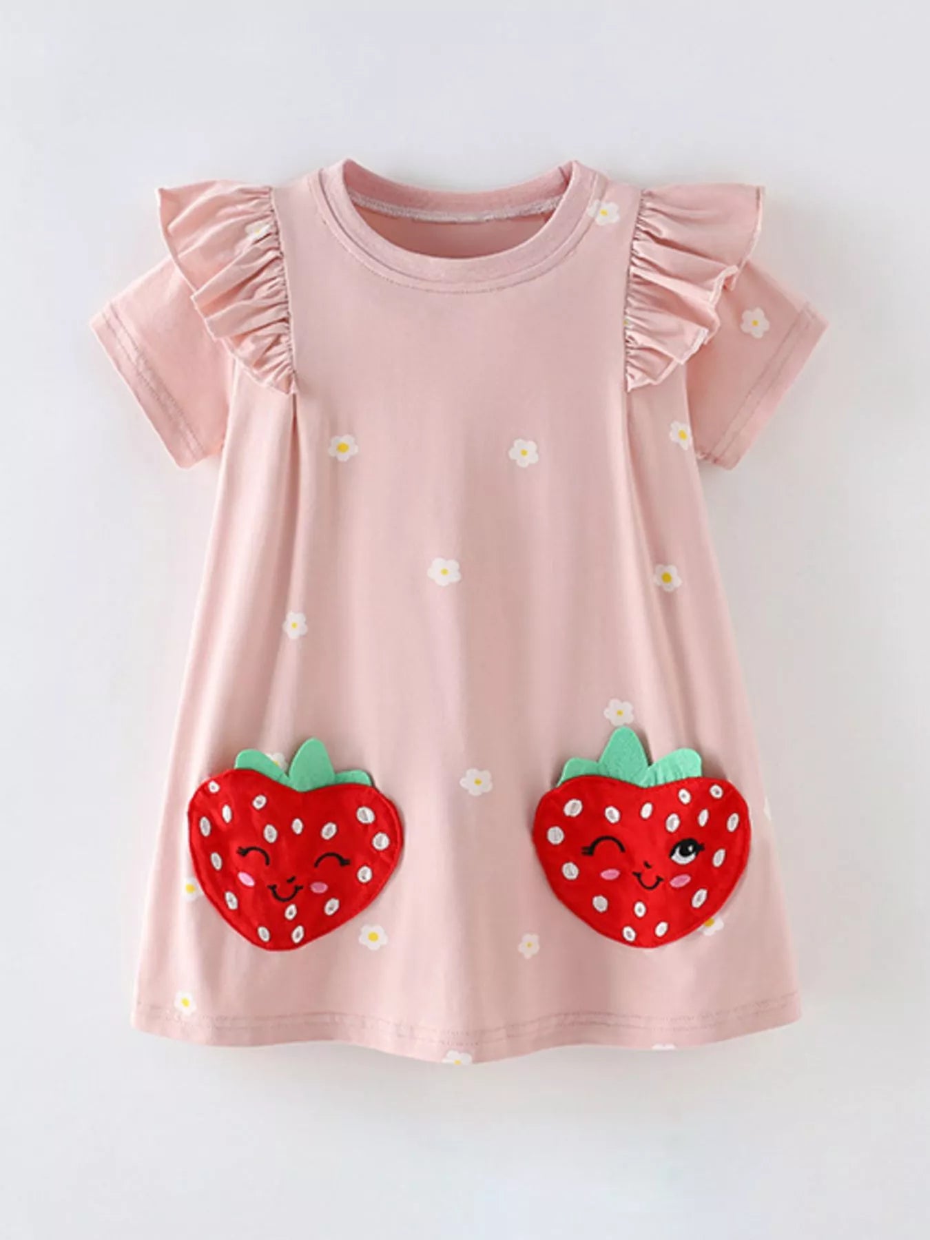 women's children's strawberry applique ruffle sleeve dress - detail shot