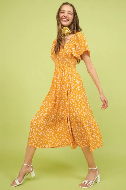 Mittoshop Flower Print Flutter Sleeve Smocked Midi Dress