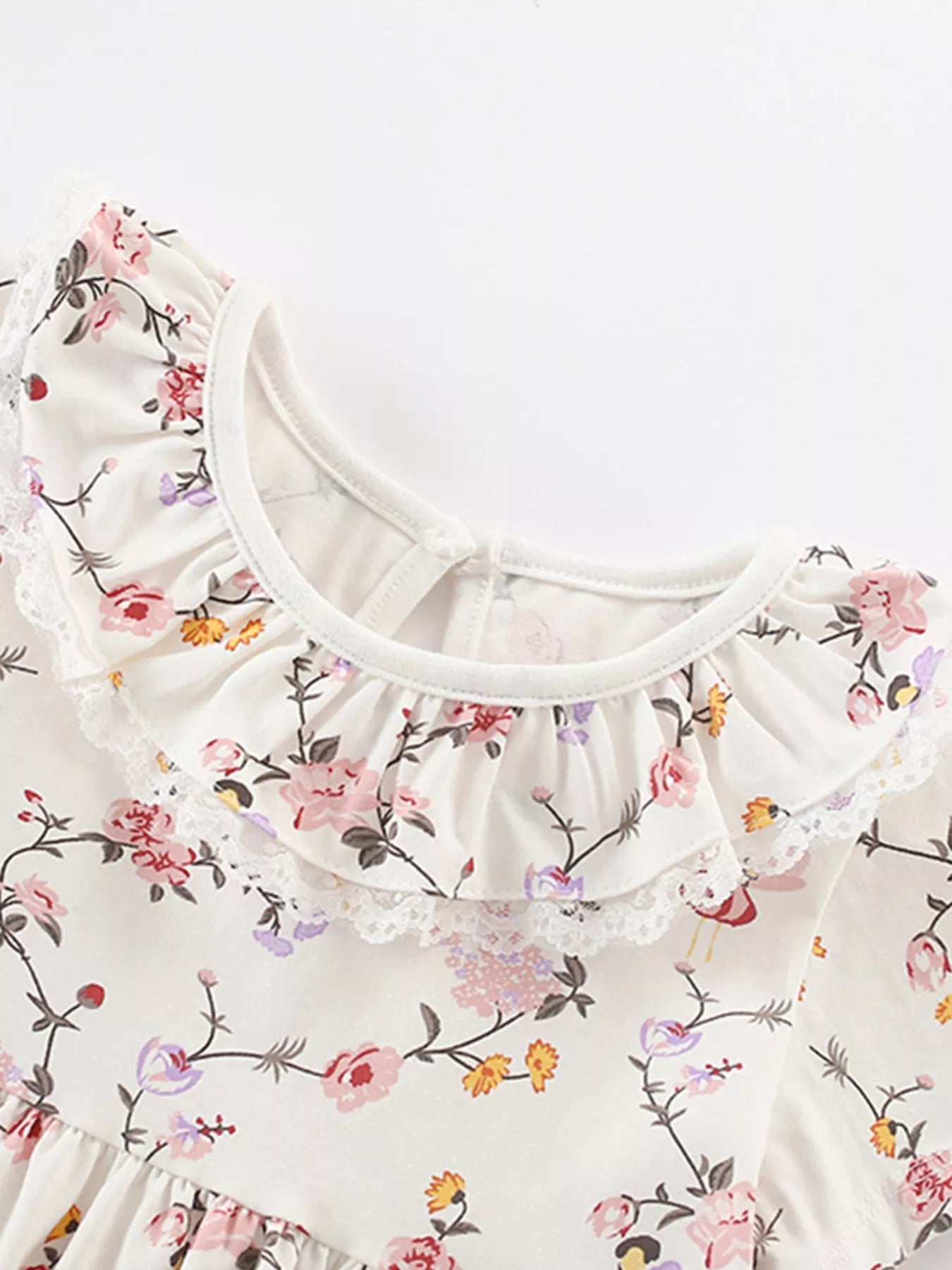women's children's floral print ruffle collar dress - detail shot