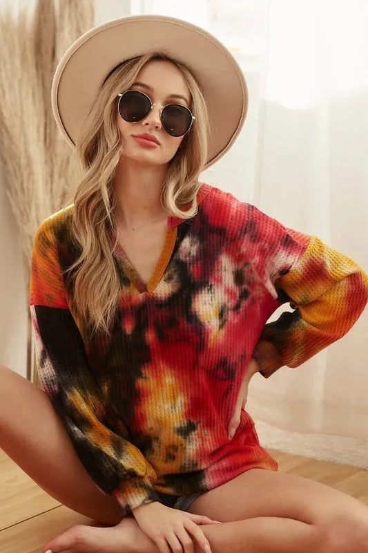 women's bibi tie dye brushed waffle top with bubble sleeves - styling option