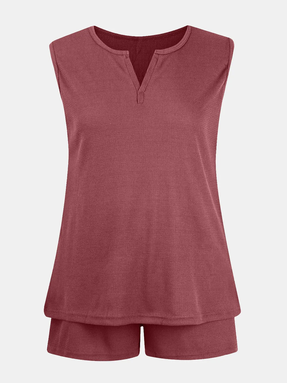 Full Size Waffle-Knit Notched Top and Shorts Set Dusty Pink