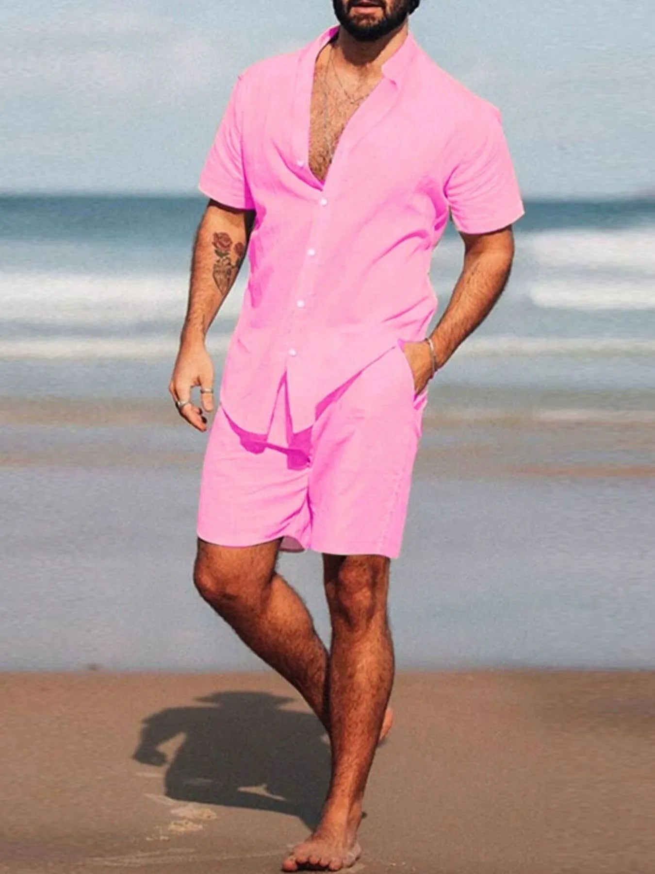 men's men's full size short sleeve shirt and shorts set plus size - detail shot