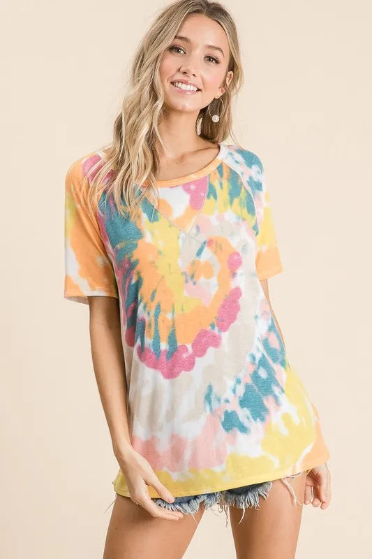 women's bibi tie dye print short sleeve t-shirt with raglan sleeves - main product image