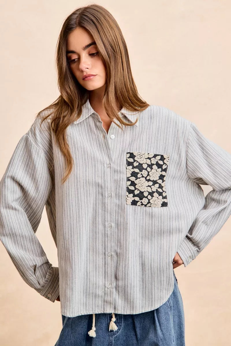 women's bibi flower jacquard knit patch pocket stripe shirt - product detail