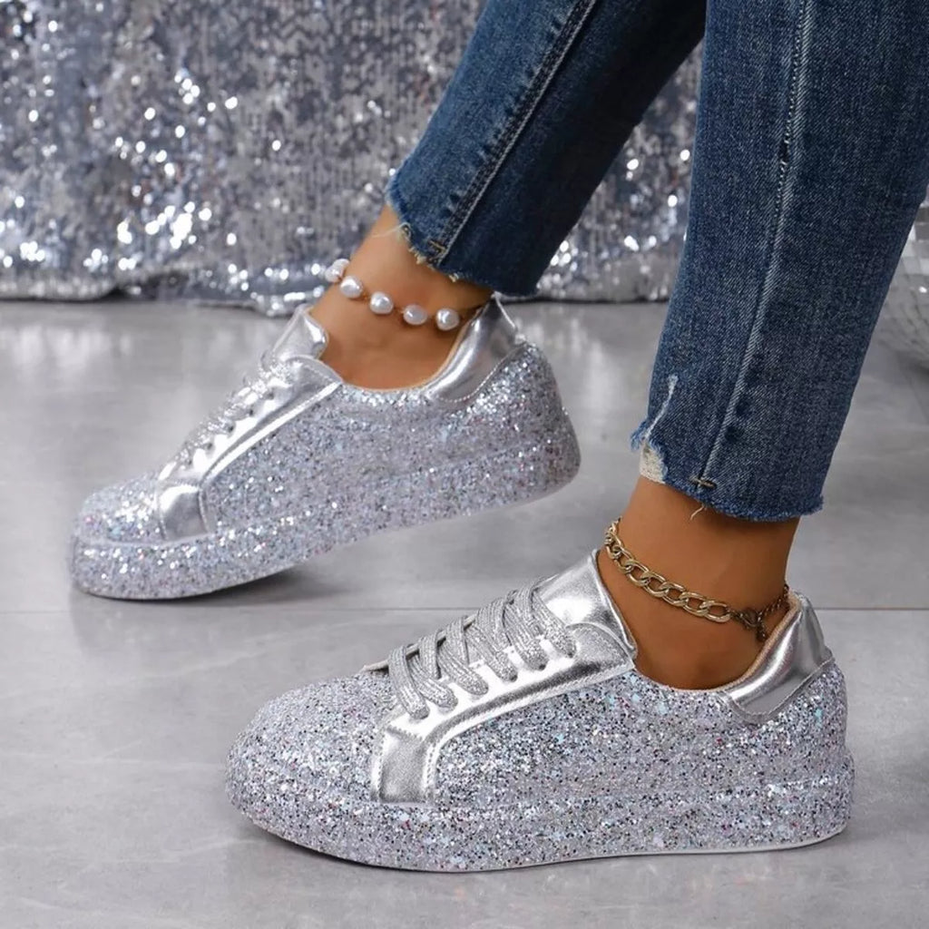 women's sparkling lace up sneakers - styling option