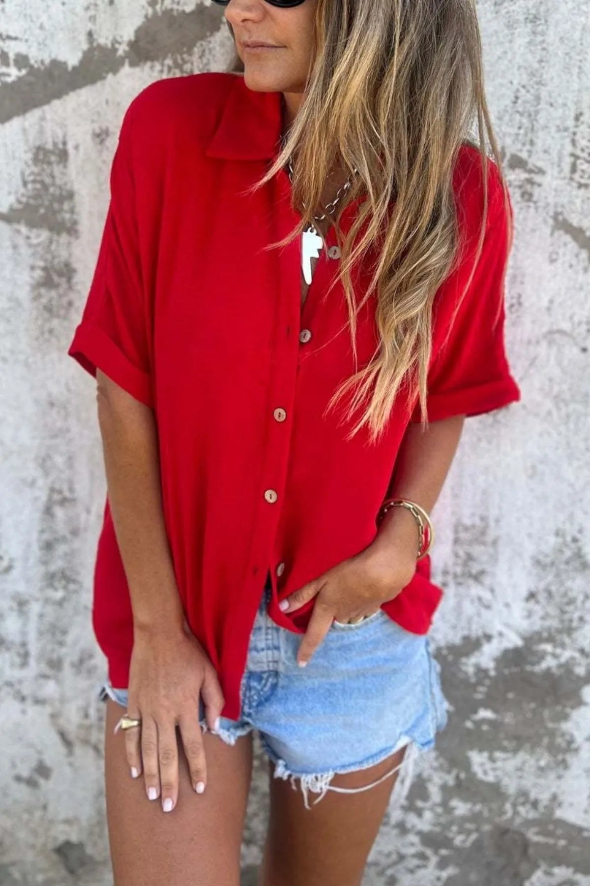 Full Size Casual Button Down Short Sleeve Loose Shirt Plus Size Red