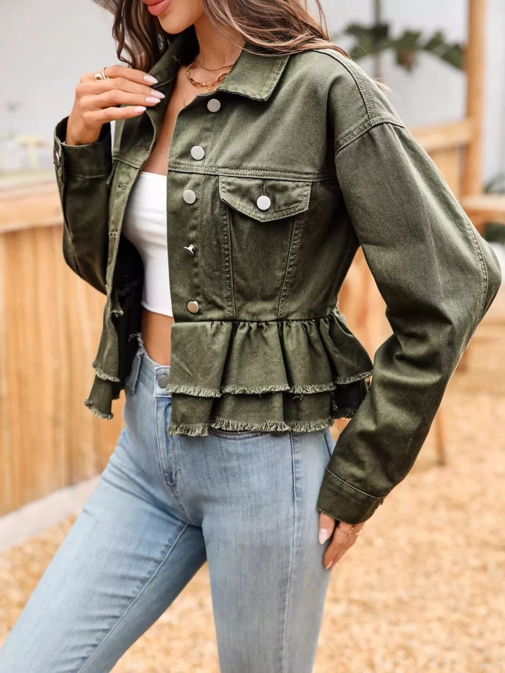 women's ruffle raw hem denim jacket - additional image
