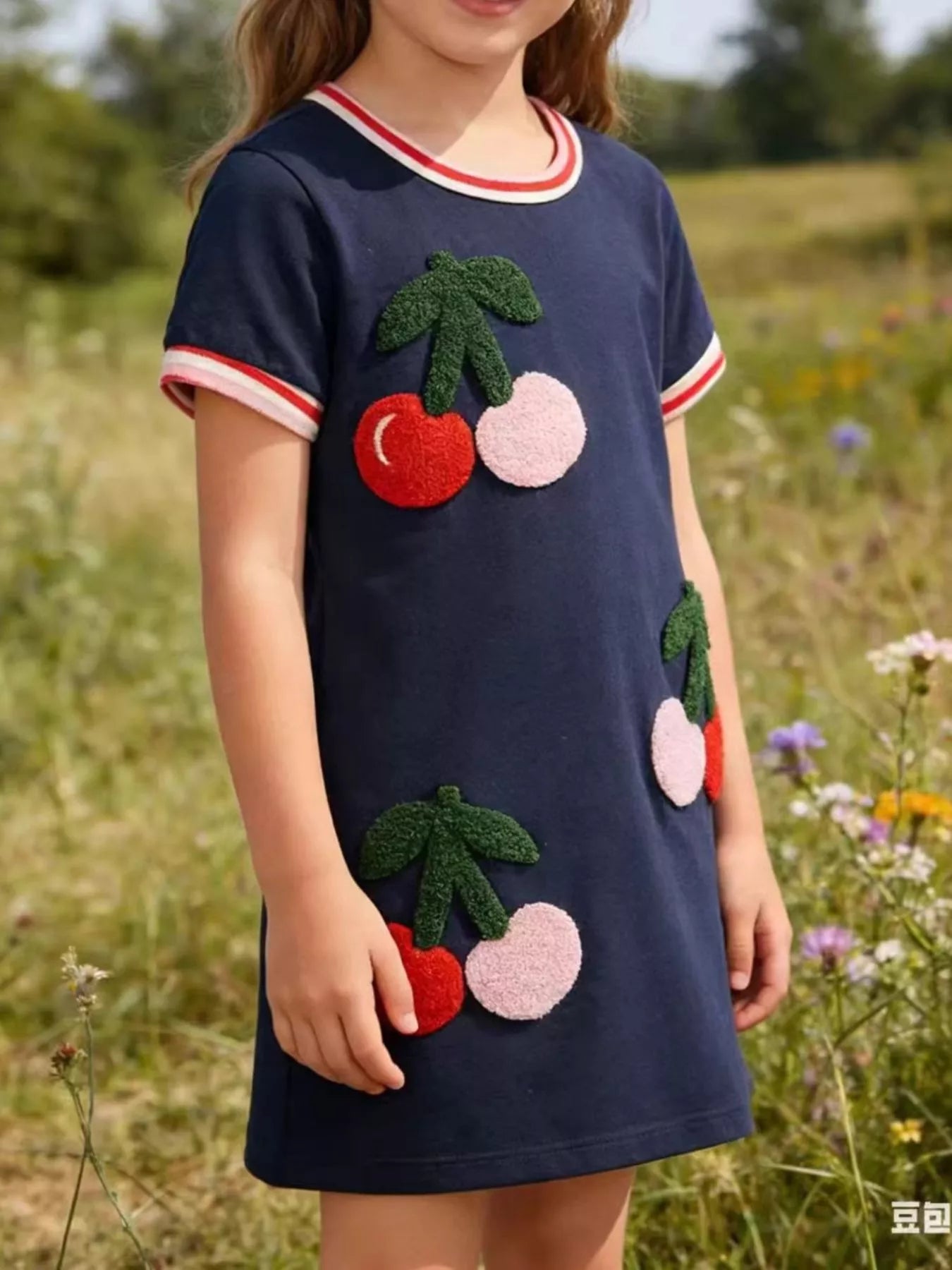 women's children's cherry applique short sleeve dress - product showcase
