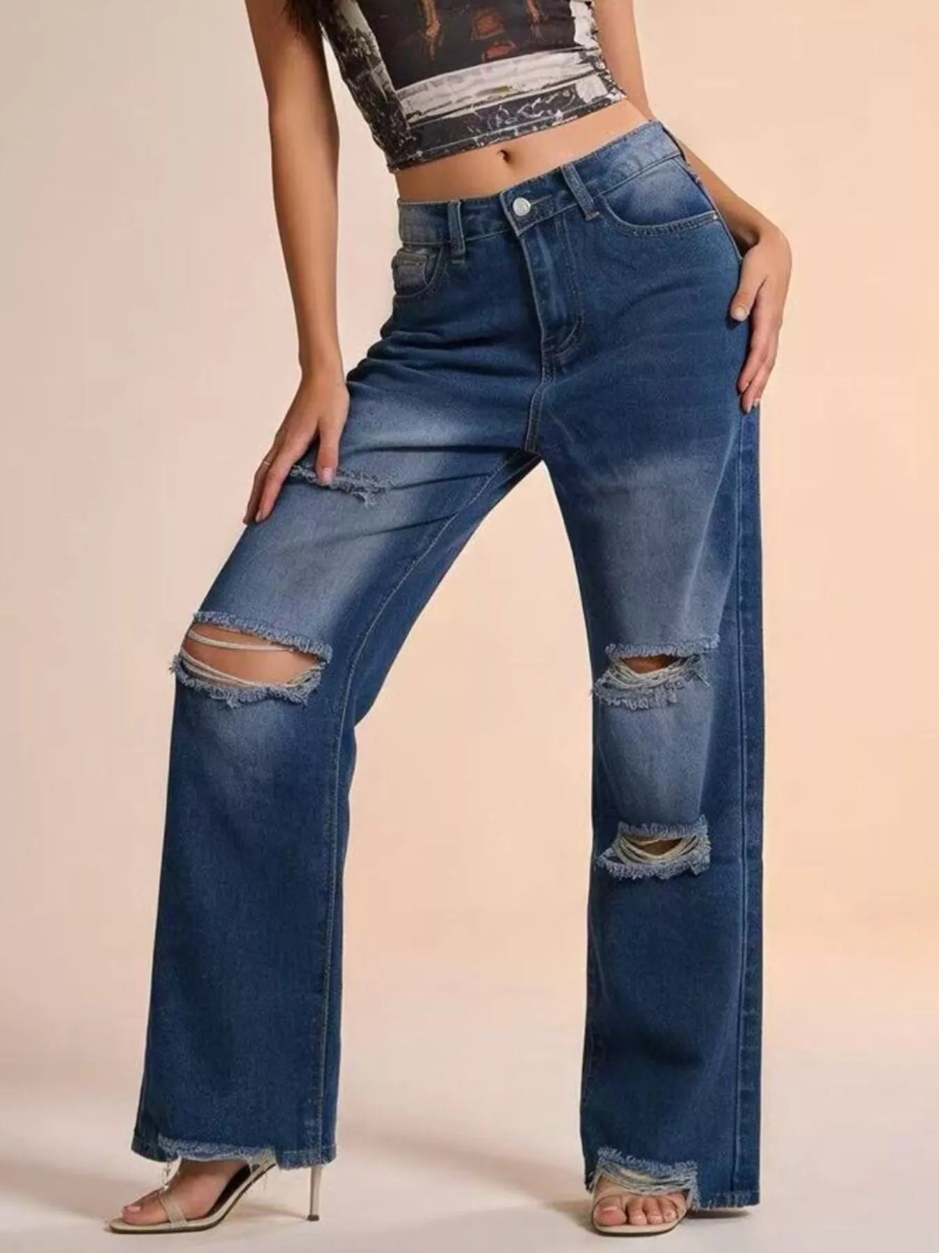 women's distressed wide leg jeans - product showcase