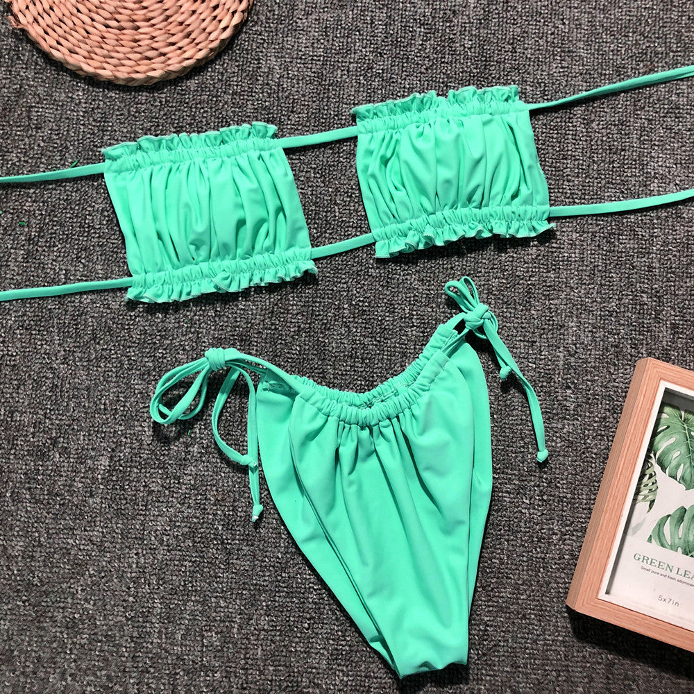 Frill Trim Ruched Bikini Set Neon Green