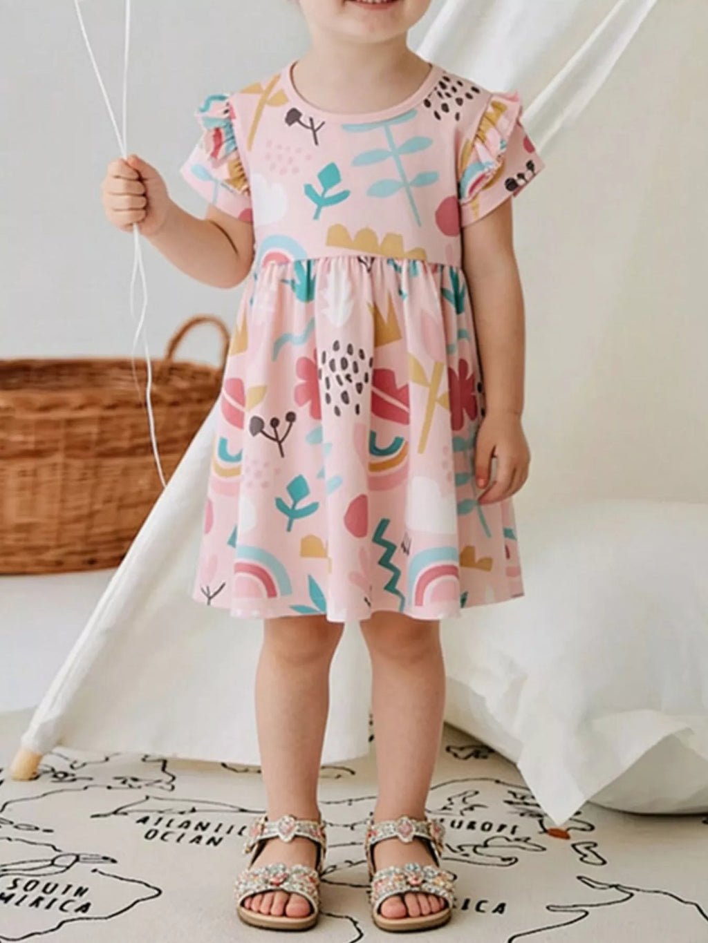 women's children's printed ruffle short sleeve casual dress - styled view