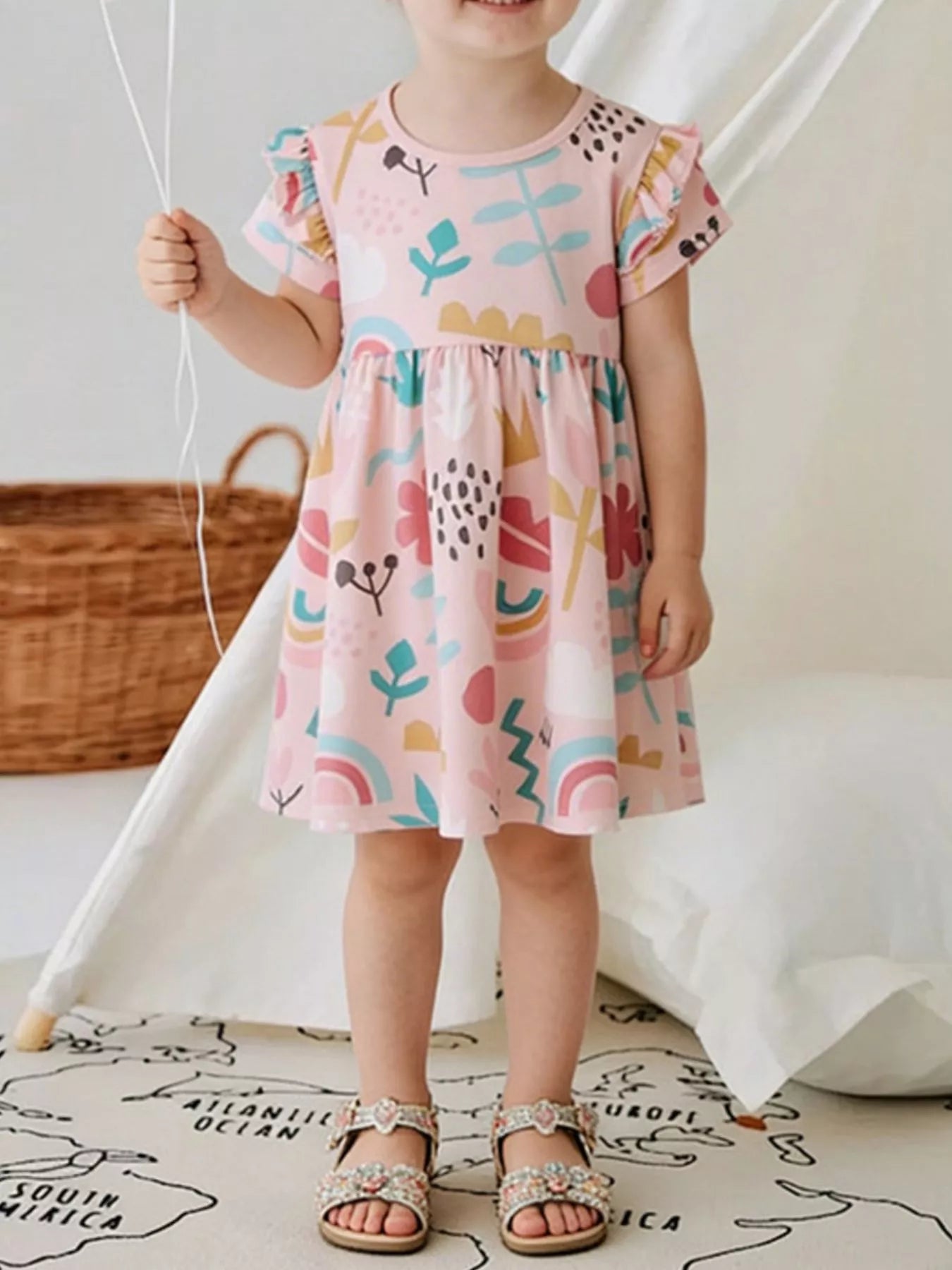 women's children's printed ruffle short sleeve casual dress - styled view