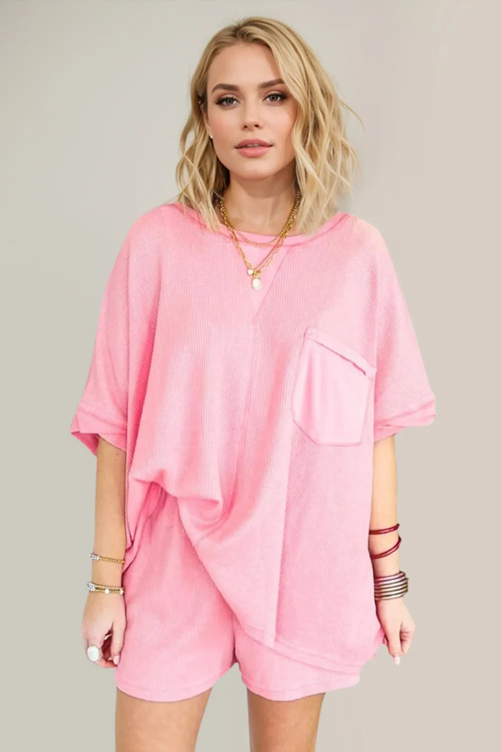 Oh Full Size Round Neck Half Sleeve Top and Shorts Set Dusty Pink